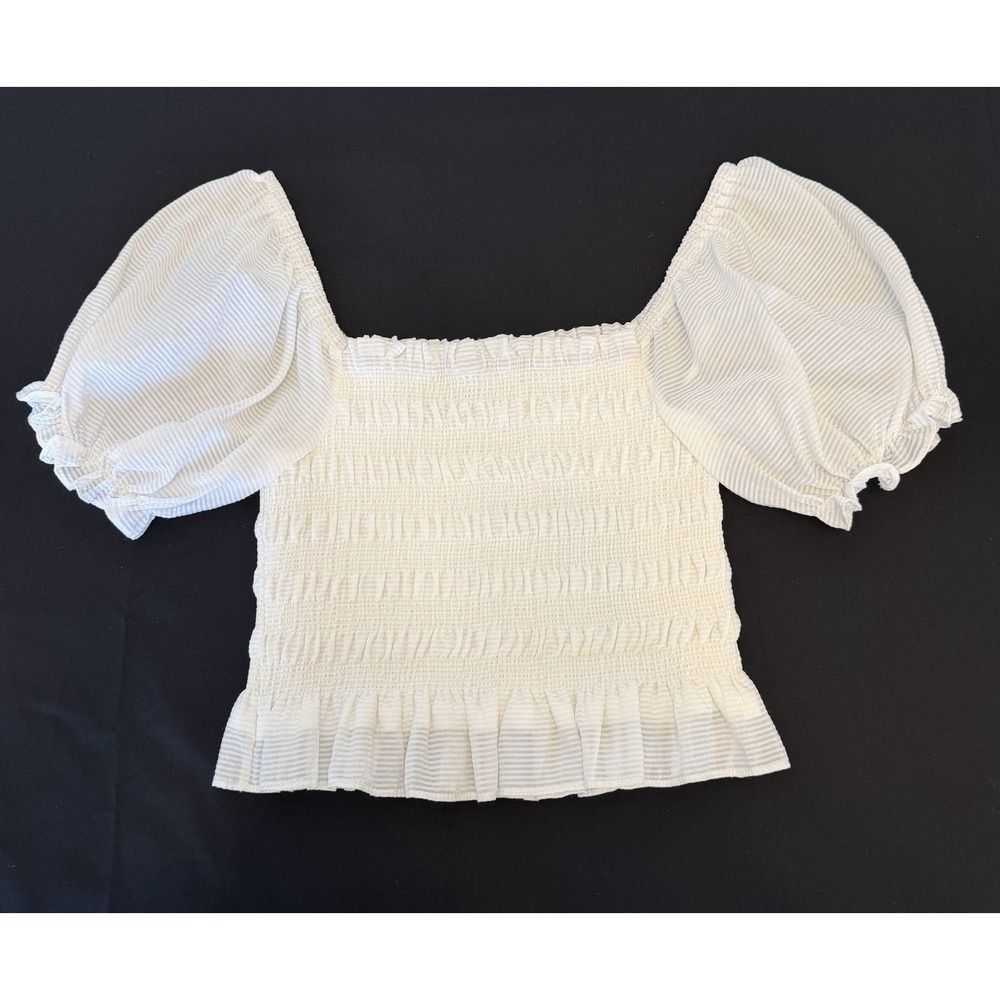 She+Sky Smocked Puff Sleeve Crop Blouse White French Girl Romantic Size Small